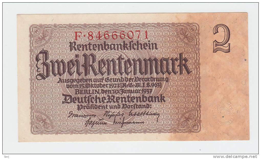 Germany 2 Rentenmark 1937 AUNC P 174b  174 B - Otros & Sin Clasificación