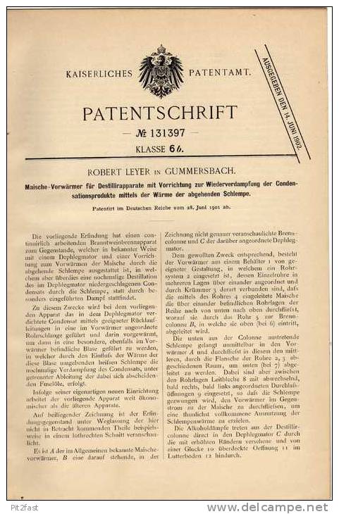 Original Patentschrift - R. Leyer In Gummersbach ,1901, Maische Apparat , Destilierer , Brauen , Brauerei !!! - Tools