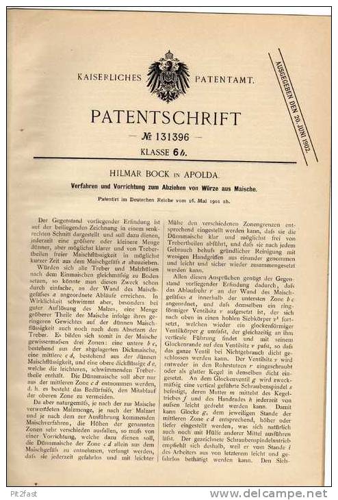 Original Patentschrift - H. Bock In Apolda ,1901 , Maische - Abzieher , Brauerei , Brauen , Bier !!! - Macchine