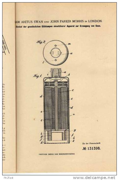 Original Patentschrift - Swan Und Parker In London ,1901, Ozonerzeuger , Glühlampen , Lampe , Leuchte !!! - Luminaires & Lustres