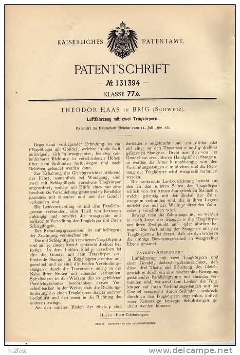 Original Patentschrift - Th. Haas In Brig , Schweiz , Luftfahrzeug , 1901 , Flugzeug !!! - Fliegerei