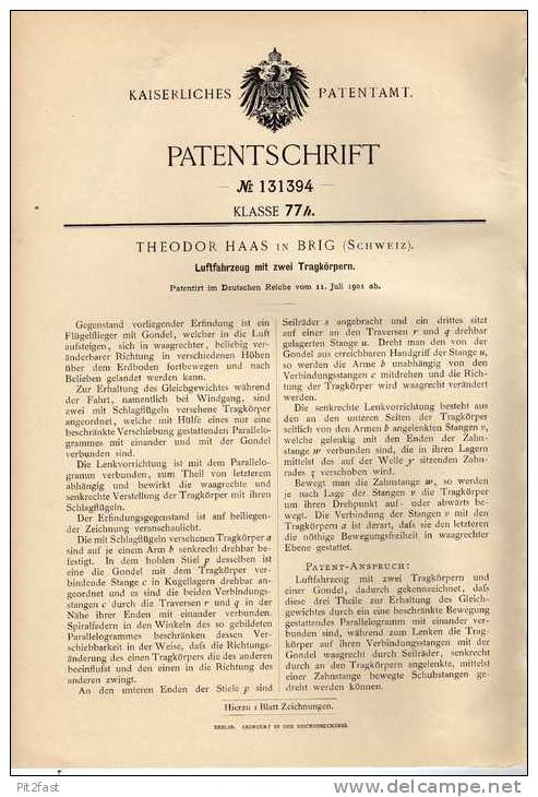 Original Patentschrift - Th. Haas In Brig , Schweiz , Luftfahrzeug , 1901 , Flugzeug !!! - Aviation