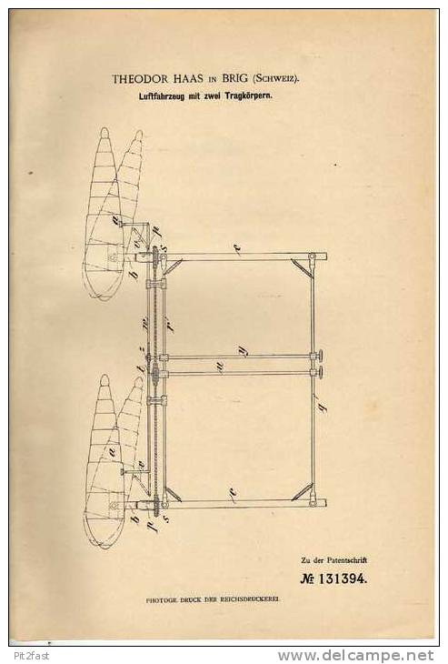 Original Patentschrift - Th. Haas In Brig , Schweiz , Luftfahrzeug , 1901 , Flugzeug !!! - Luchtvaart