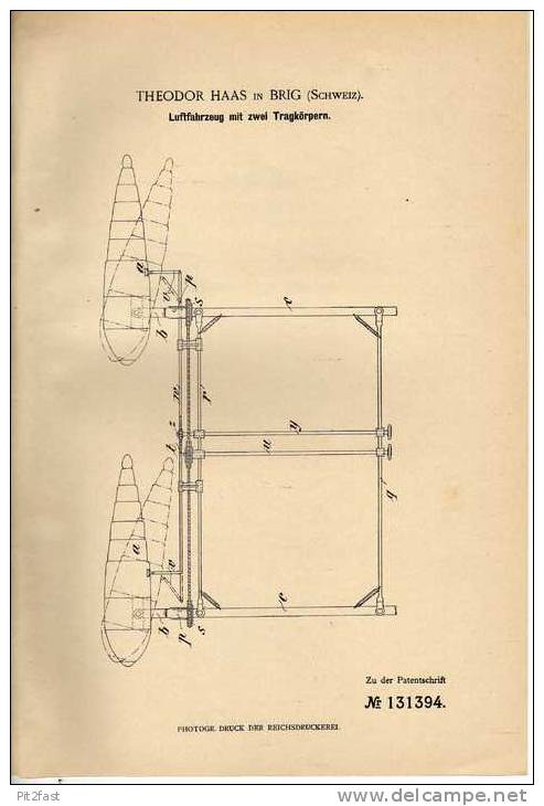 Original Patentschrift - Th. Haas In Brig , Schweiz , Luftfahrzeug , 1901 , Flugzeug !!! - Fliegerei