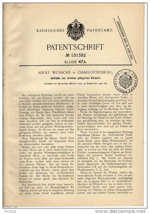 Original Patentschrift - A. Wünsche In Charlottenburg ,1901,  Drehbares Getriebe , Automobile , Berlin  !!! - Cars