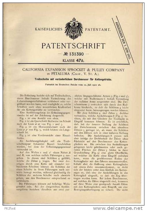 Original Patentschrift - Sprocket Company In Petaluma ,1901 , Chain Transmission, Automobiles , Kettengetriebe !!! - KFZ