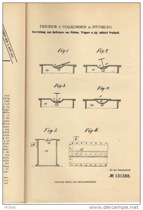 Original Patentschrift - T. Vollkommer In Pittsburg ,1900 , Transport Von Platten !!! - Macchine