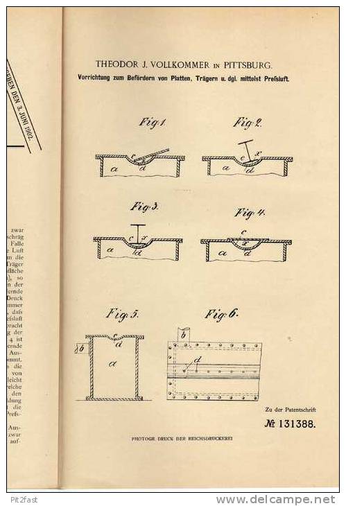 Original Patentschrift - T. Vollkommer In Pittsburg ,1900 , Transport Von Platten !!! - Maschinen