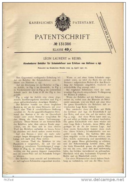 Original Patentschrift - L. Laurent In Reims , 1901 , Schmiedeofen , Schmied , Hufeisen !!! - Machines