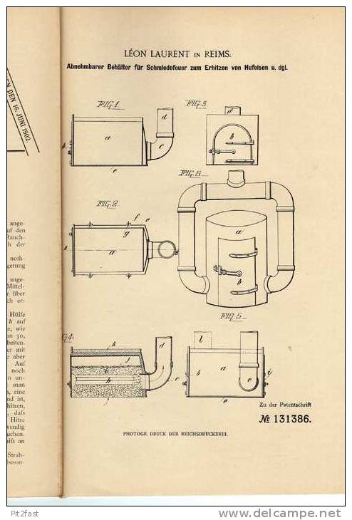 Original Patentschrift - L. Laurent In Reims , 1901 , Schmiedeofen , Schmied , Hufeisen !!! - Machines