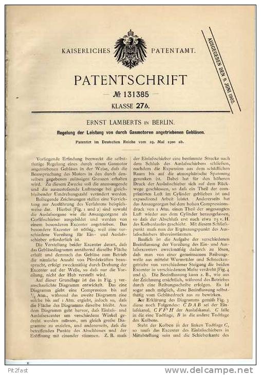 Original Patentschrift - E. Lamberts In Berlin , 1900 , Gasmotor Für Gebläse , Motor !!! - Auto's