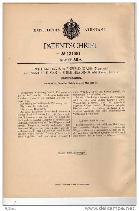 Original Patentschrift - W. Davis In Enfield Und Sible Headingham , 1901 , Schornstein , Schornsteinfeger !!! - Architecture