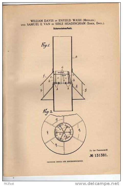 Original Patentschrift - W. Davis In Enfield Und Sible Headingham , 1901 , Schornstein , Schornsteinfeger !!! - Arquitectura