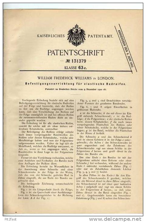 Original Patentschrift - W.F. Williams In London , 1900, Reifen , Räder , Automobile , Motobike !!! - Cars