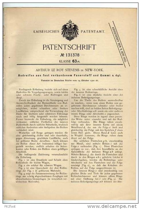 Original Patentschrift -  A. Stevens In New York ,1900 , Reifen , Radreifen !!! - Cars