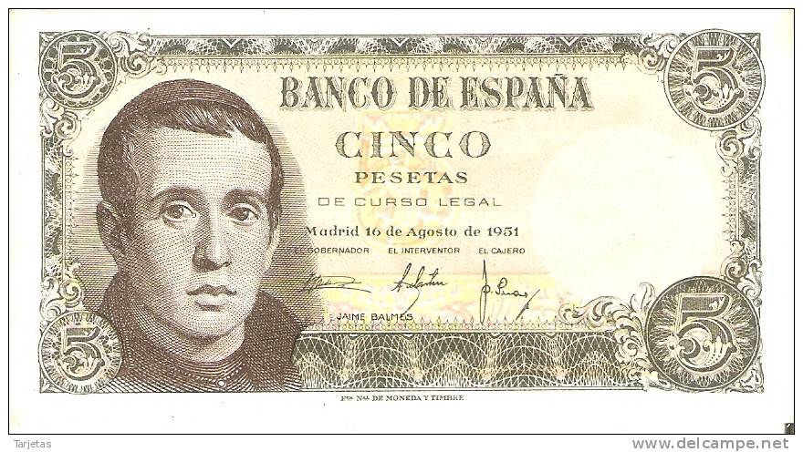 BILLETE DE ESPAÑA DE 5 PTAS DEL 16/08/1951 SERIE N   EBC+ (BANKNOTE) - 5 Peseten