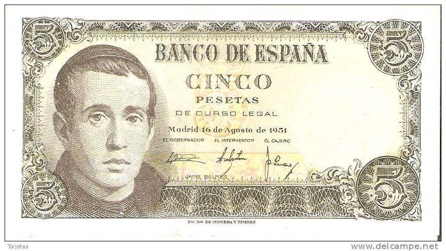 BILLETE DE ESPAÑA DE 5 PTAS DEL 16/08/1951 SERIE Z   BC+ (BANKNOTE) - 5 Peseten