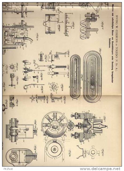 Original Patentschrift - I. Colburn In Toledo , USA , Glasbläserei , Glasblasemaschine , 1899  !!! - Glas & Kristall