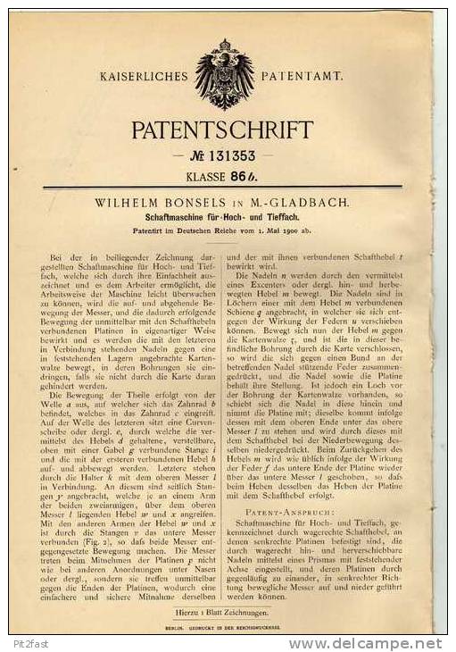 Original Patentschrift - W. Bonsels In Mönchengladbach , 1900 , Schaftmaschine !!! - Tools