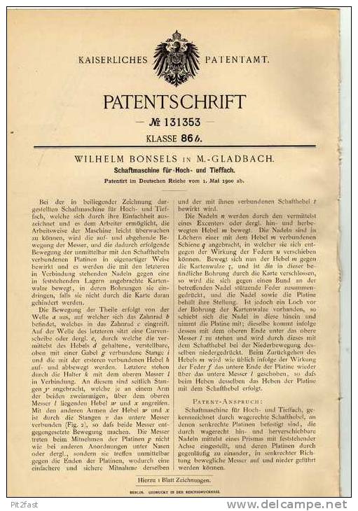 Original Patentschrift - W. Bonsels In Mönchengladbach , 1900 , Schaftmaschine !!! - Maschinen