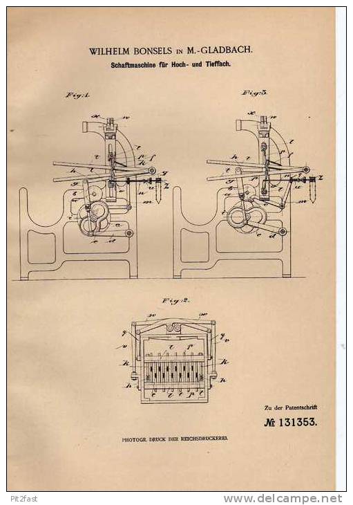 Original Patentschrift - W. Bonsels In Mönchengladbach , 1900 , Schaftmaschine !!! - Tools