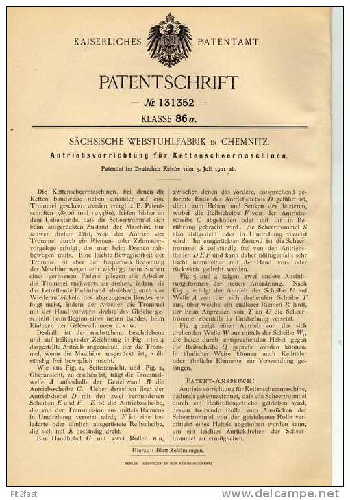 Original Patentschrift - Sächs. Webstuhlfabrik In Chemnitz , Kettenscheermaschine , 1901 , Weberei !!! - Tools