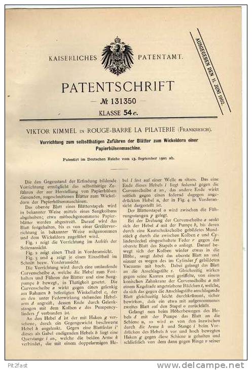Original Patentschrift - V. Kimmel In Rouge Barre La Pilaterie ,1901, Papierhülsenmaschine  !!! - Maschinen