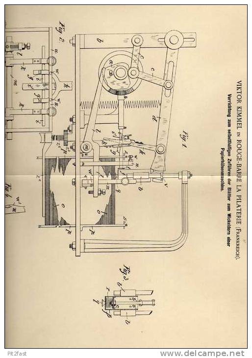 Original Patentschrift - V. Kimmel In Rouge Barre La Pilaterie ,1901, Papierhülsenmaschine  !!! - Maschinen
