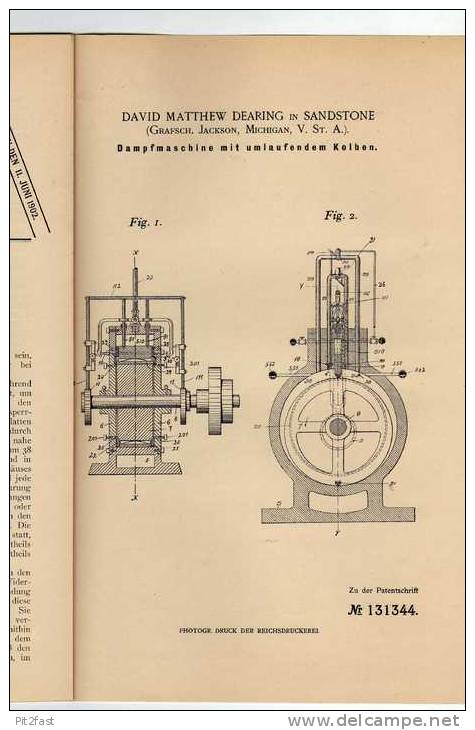 Original Patentschrift - D. Dearing In Sandstone , Michigan , Dampfmaschine , 1900  !!! - Máquinas