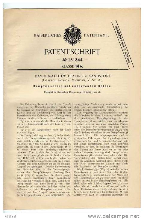 Original Patentschrift - D. Dearing In Sandstone , Michigan , Dampfmaschine , 1900  !!! - Machines