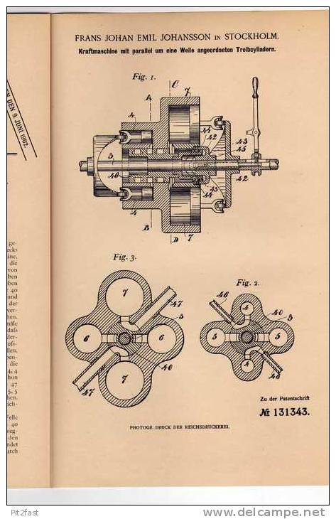 Original Patentschrift - F. Johansson In Stockholm , Kraftmaschine , 1901 , Maschinenbau !!! - Máquinas