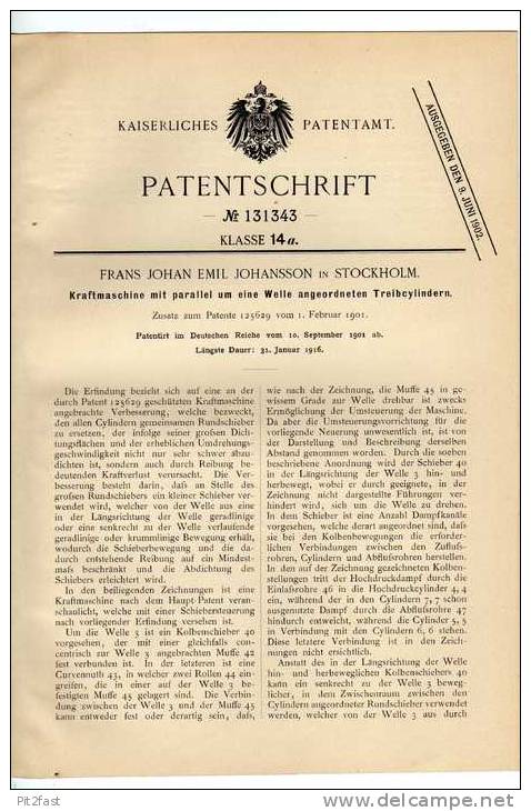 Original Patentschrift - F. Johansson In Stockholm , Kraftmaschine , 1901 , Maschinenbau !!! - Machines
