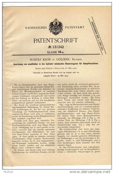 Original Patentschrift - R. Kron In Golzern , Sachsen , Damfmaschine Steuerung , 1900 !!! - Machines