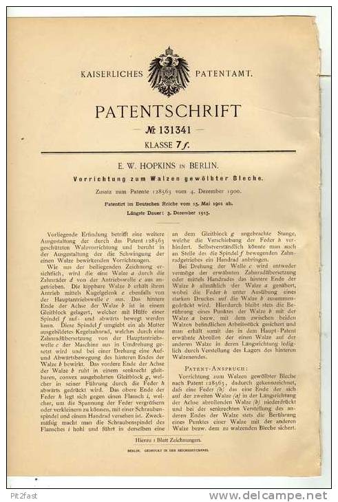Original Patentschrift - E.W. Hopkins In Berlin ,1901 , Walze , Metallbau !!! - Maschinen
