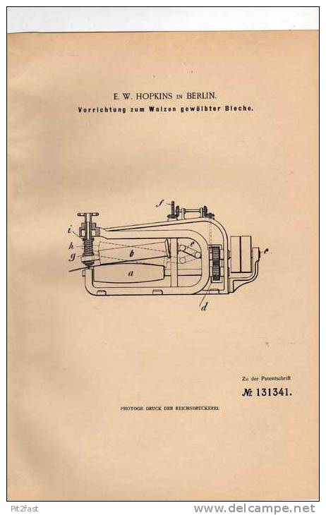 Original Patentschrift - E.W. Hopkins In Berlin ,1901 , Walze , Metallbau !!! - Maschinen