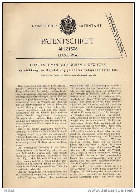 Original Patentschrift - Telegraphirstreifen , Telegraph ,1900, C. L. Buckingham In New York , Telegraphie , Telegraphy - Telefonía