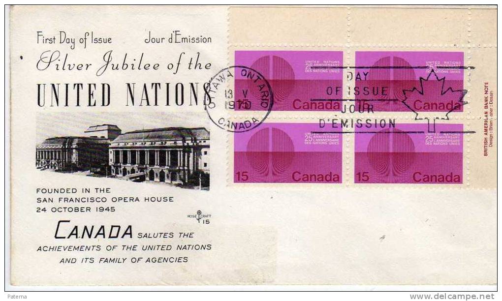 FDC, Ottawa Ontario 1970, Canadá ,bloque De 4 - 1971-1980