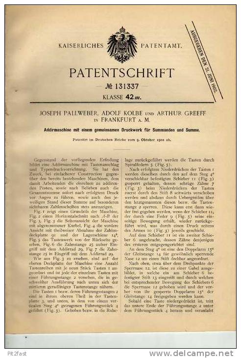 Original Patentschrift - Rechenmaschine , 1900, A. Kolbe In Frankfurt A. M. , Mathematik , Schule , Rechnen  !!! - Machines