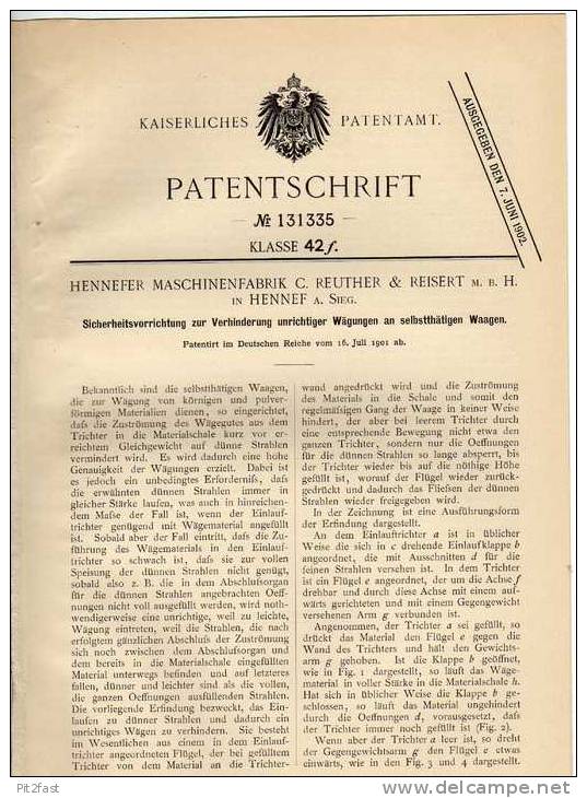 Original Patentschrift - Maschinenfabrik In Hennef A. Sieg ,1901 , Waage !!! - Machines