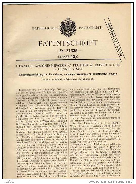 Original Patentschrift - Maschinenfabrik In Hennef A. Sieg ,1901 , Waage !!! - Maschinen