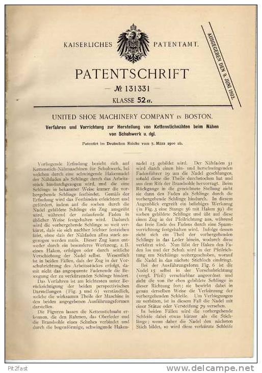 Original Patentschrift - Maschine Zum Nähen Von Schuhen , 1900 , Schuster , Shoe Machinery Co. In Boston !!! - Literatur