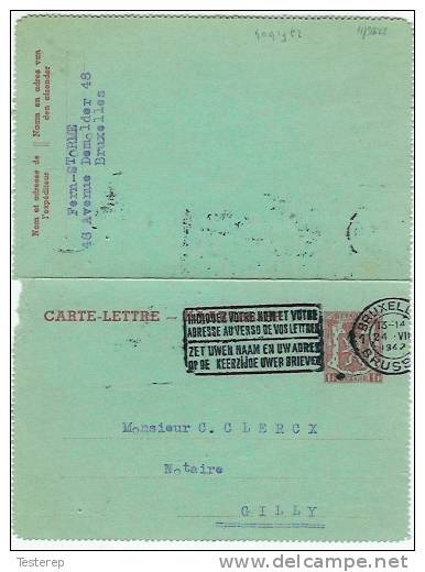 Carte Lettre - Kaartbrief  1 FR Staatswapen 1942 Brux./Gilly - Cartes-lettres