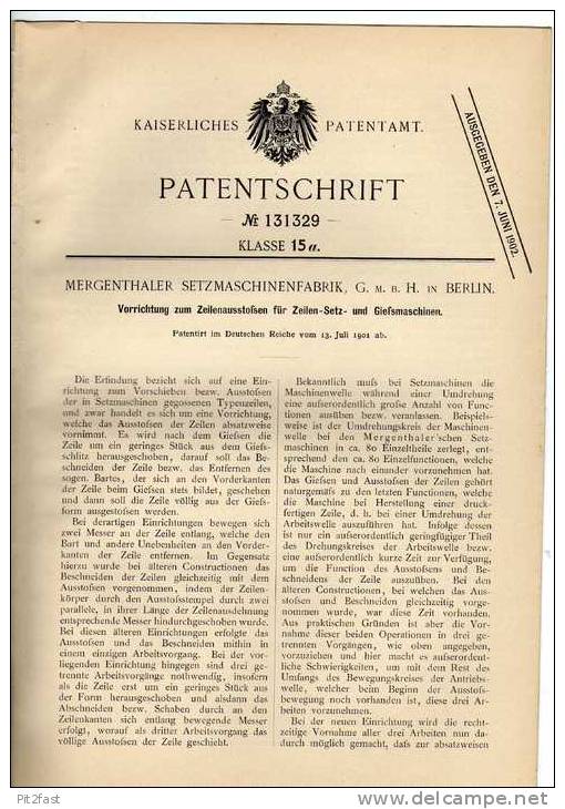 Original Patentschrift - Setzmaschinenfabrik Mergenthal In Berlin , 1901 ,Buchdruck , Druckerei  !!! - Tools