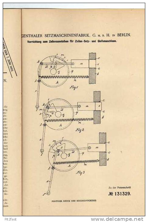 Original Patentschrift - Setzmaschinenfabrik Mergenthal In Berlin , 1901 ,Buchdruck , Druckerei  !!! - Maschinen