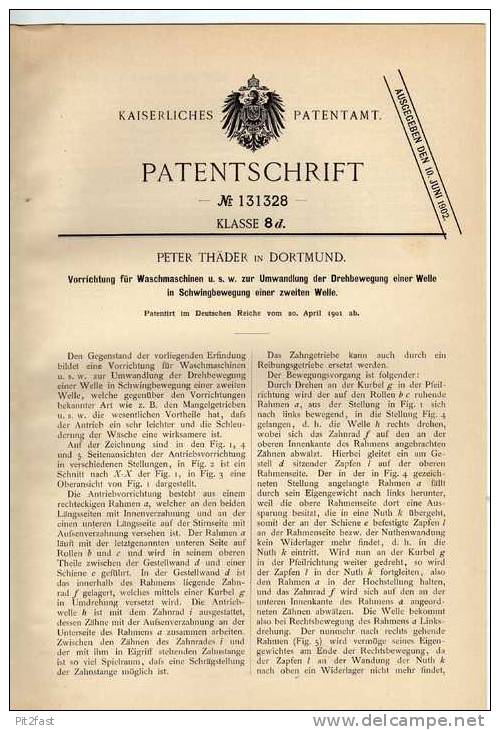 Original Patentschrift - P. Thäder In Dortmund , Waschmaschine , 1901 , Wäscherei !!! - Tools