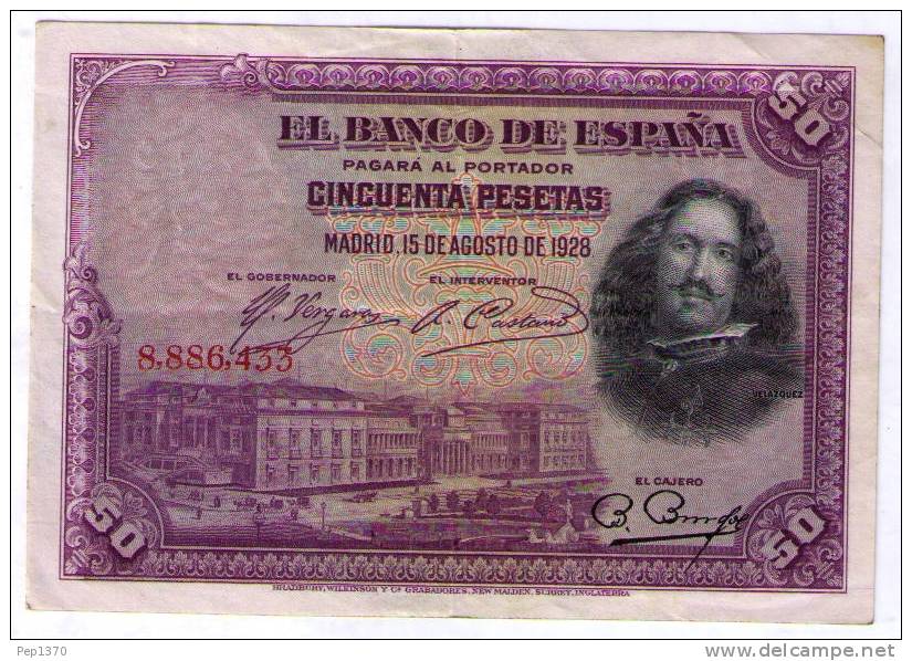BILLETE DE 50 PESETAS DE 1928 SIN SERIE - VELAZQUEZ - USADO BONITO - 50 Peseten