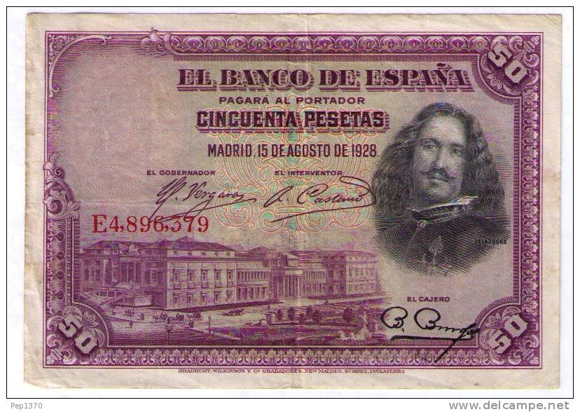 BILLETE DE 50 PESETAS DE 1928  SERIE E - VELAZQUEZ - USADO BONITO - 50 Peseten