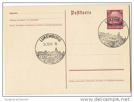 S-ART34 - LUXEMBOURG Occupation Allemande Entier Postal Oblitération Illustrée Avec Pont - 1940-1944 Occupazione Tedesca