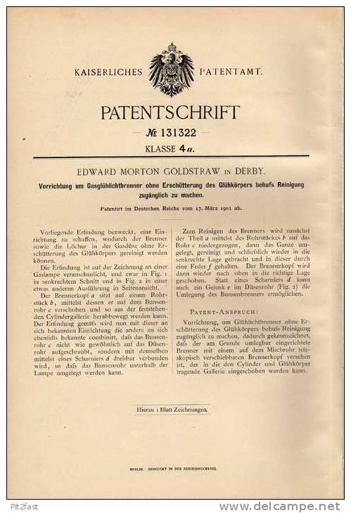 Original Patentschrift - E. Goldstraw In Derby ,1901, Gaslampe , Glühlichtbrenner !!! - Lámparas Y Arañas
