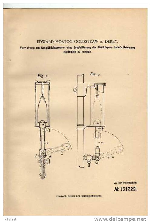 Original Patentschrift - E. Goldstraw In Derby ,1901, Gaslampe , Glühlichtbrenner !!! - Leuchten & Kronleuchter